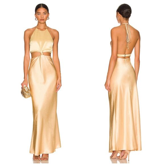 NWT Bec + Bridge Carrie Yellow Satin Halter Cut Out Maxi Dress $450 Sz 10 - Picture 1 of 11